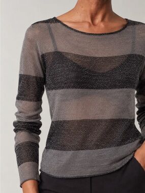 Women's Apostrophe Gray & Black Metallic-Stripe Scoop Neck Sweater